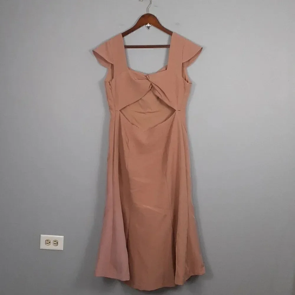 Eva Mendes Hoda Blush Pink Nude Midi Flare Cut Out Dress